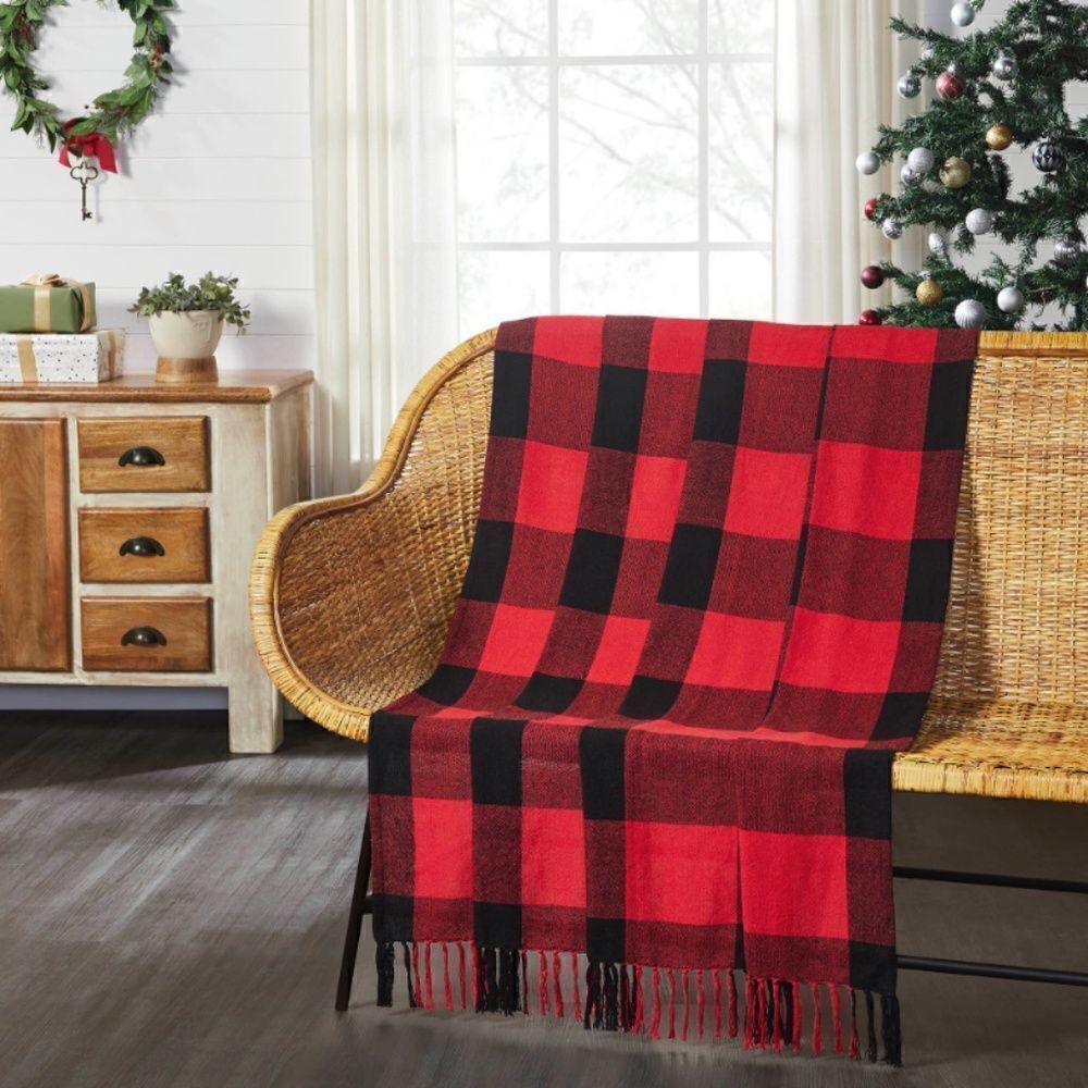 Buffalo Plaid Christmas Fringed Throw Blanket Red Black Farmhouse Lodge Rustic
